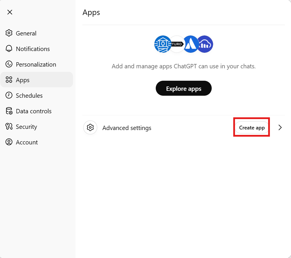 ChatGPT Settings showing the Apps tab with the Create app button highlighted