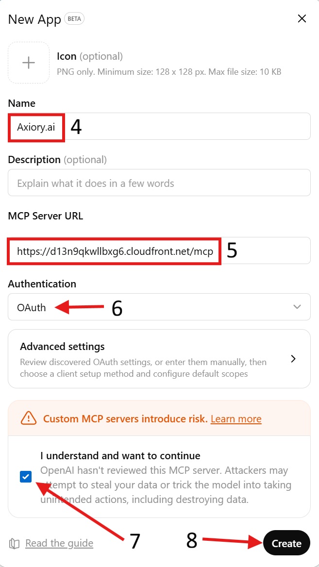 New App form showing Name as Axiory.ai, MCP Server URL, Authentication set to OAuth, the warning checkbox checked, and the Create button