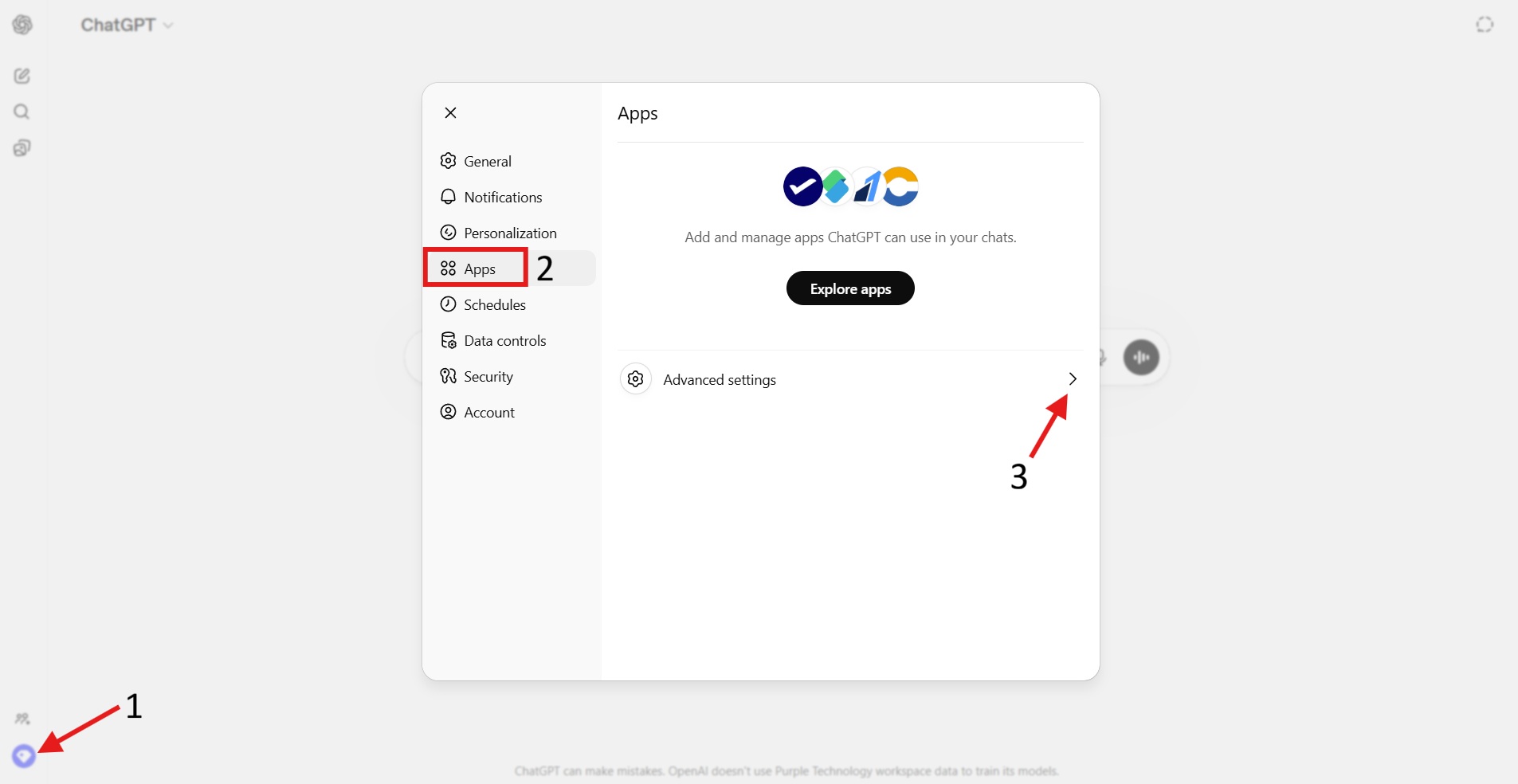 ChatGPT Settings showing the Apps tab selected, with Advanced settings highlighted and numbered callouts