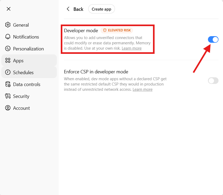 ChatGPT Advanced settings showing Developer mode toggle enabled with an Elevated Risk warning