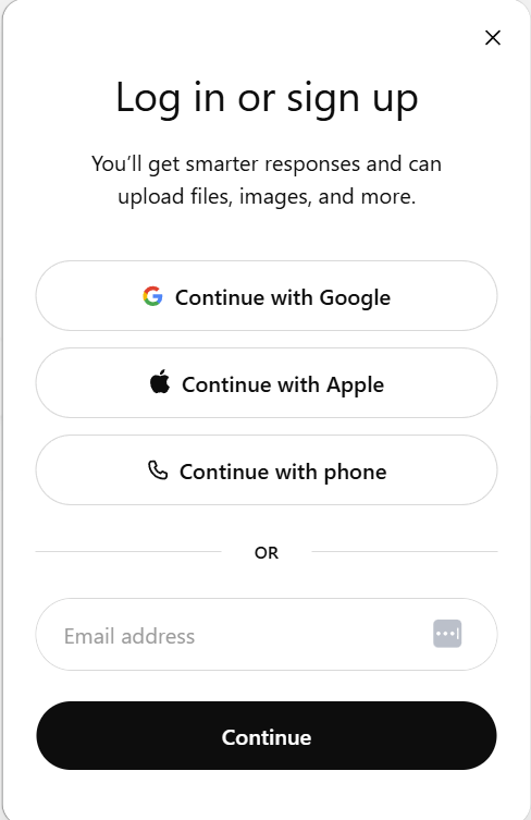 Google、Apple、電話、メールでのサインインオプションを表示する ChatGPT のサインインページ