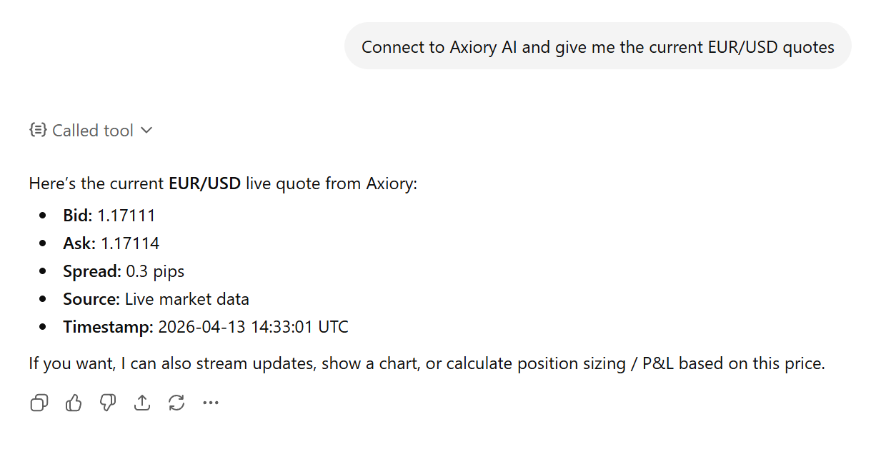 Axiory からのライブ EUR/USD のビッドとアスクの価格、スプレッド、タイムスタンプを表示する ChatGPT のレスポンス