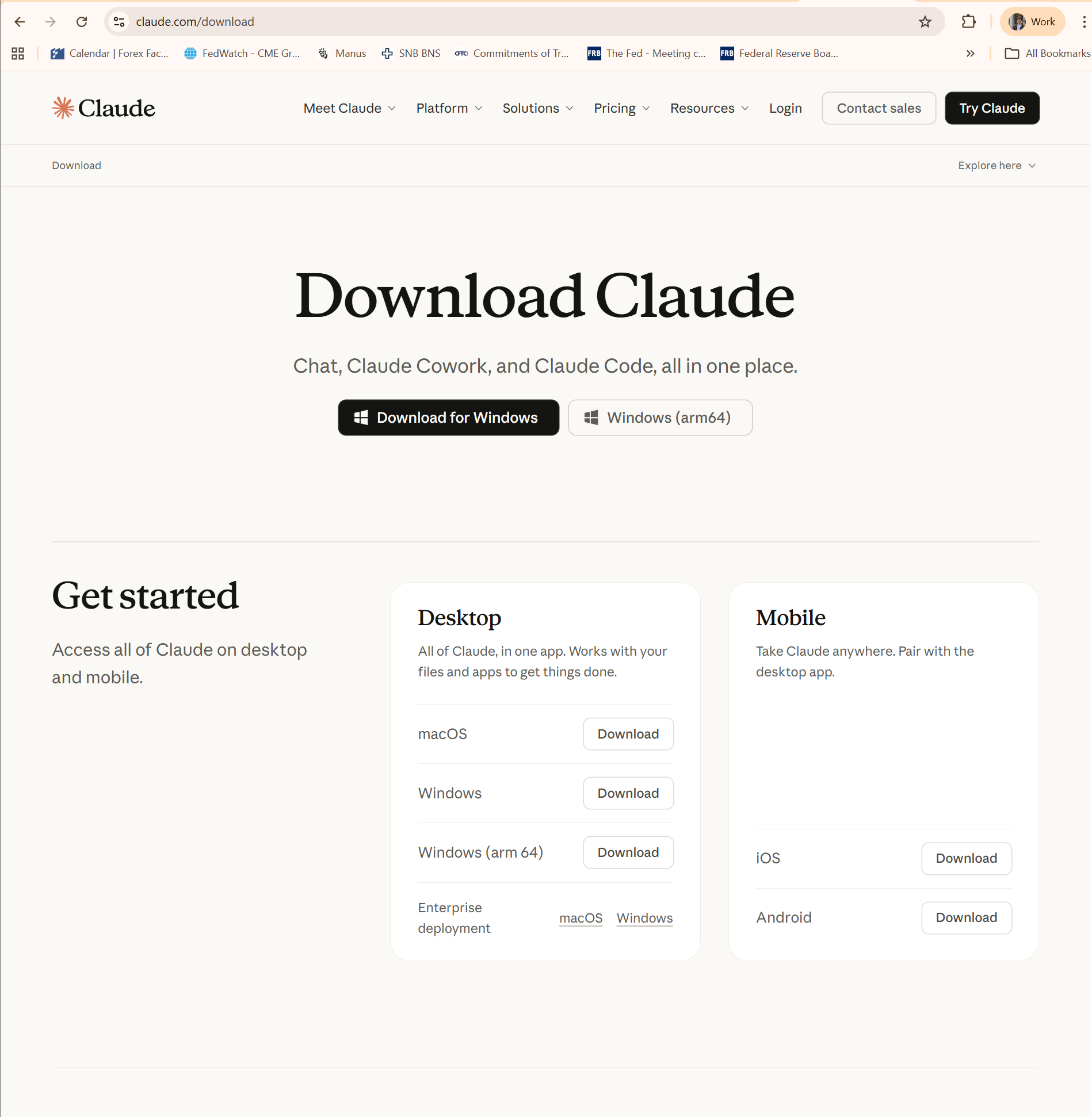 Claude download page showing Download for Windows button and platform options
