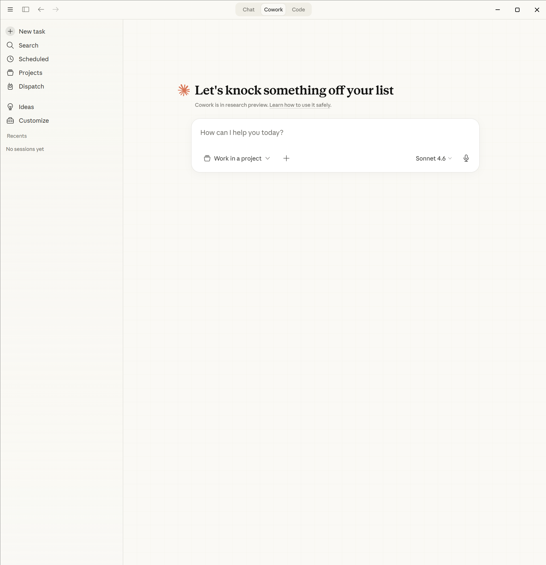Claude Desktop main interface showing Chat, Cowork, and Code tabs