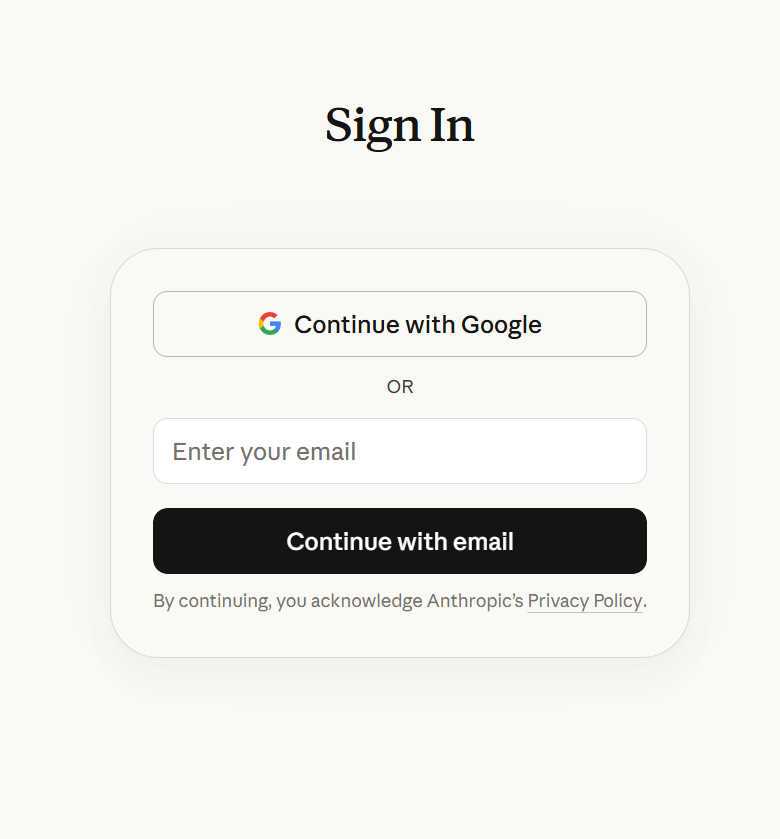 Continue with Google とメールオプションを表示する Claude のサインインページ