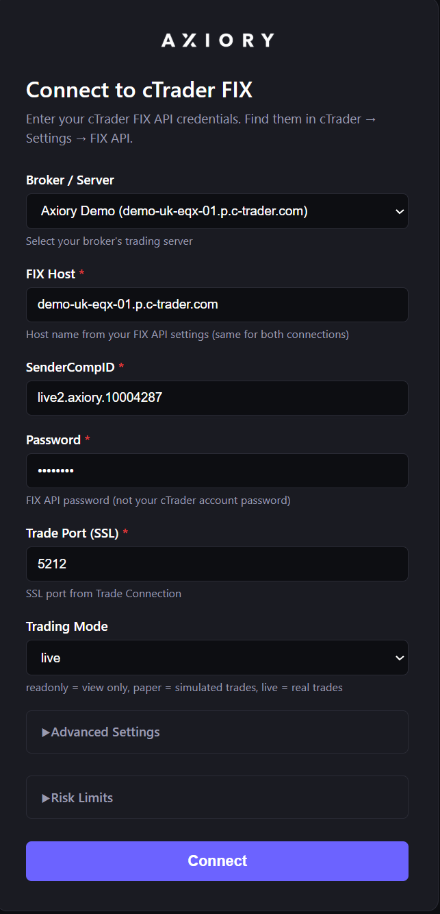 FIX Host、SenderCompID、パスワード、トレードポート、取引モードのフィールドを表示する Axiory 接続フォーム