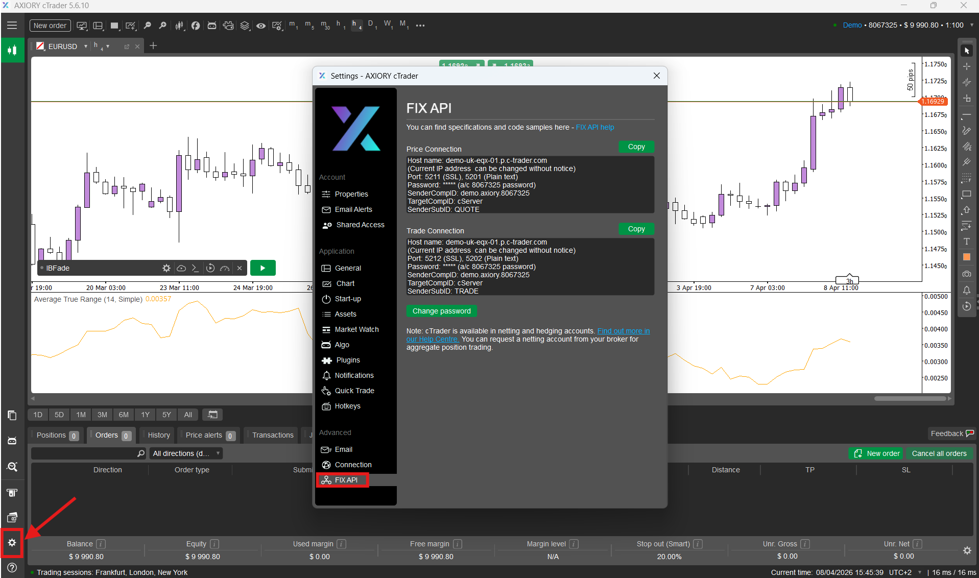FIX API 設定パネルが開き、認証情報と Change Password ボタンが表示された cTrader デスクトップアプリ