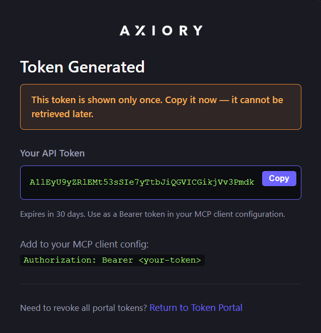 一度しか表示されない旨の警告と API トークンを示す Token Generated ページ
