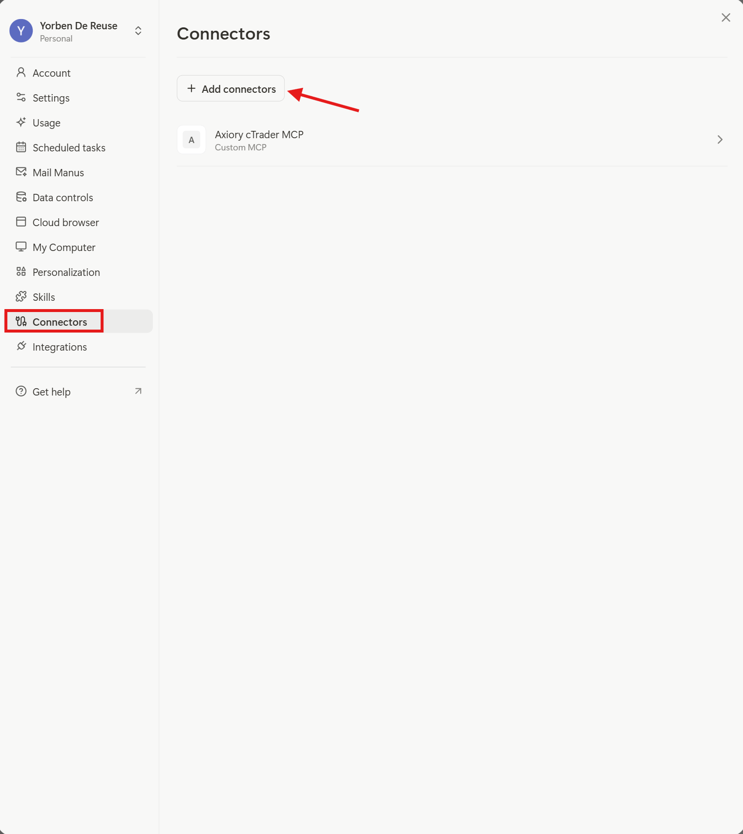 Manus Settings showing the Connectors tab with the Add connectors button highlighted