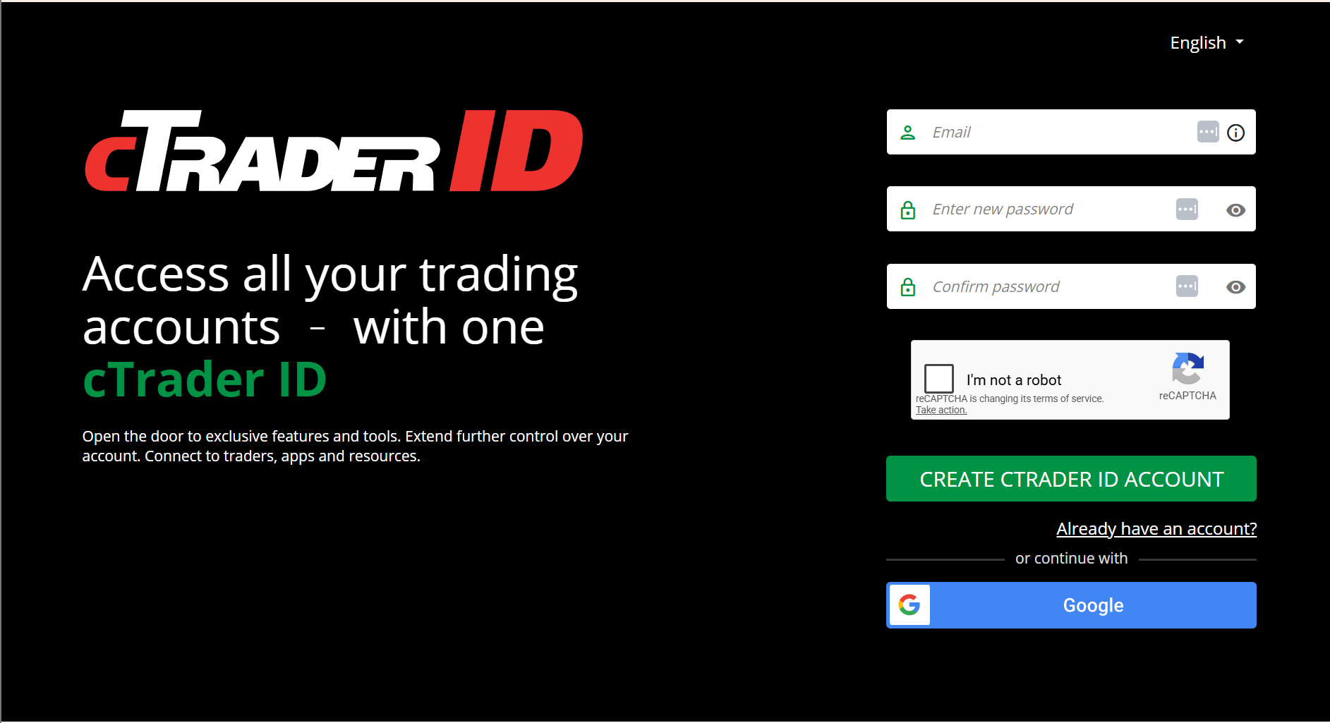 新しいアカウントパスワードを設定するための cTrader ID ページ