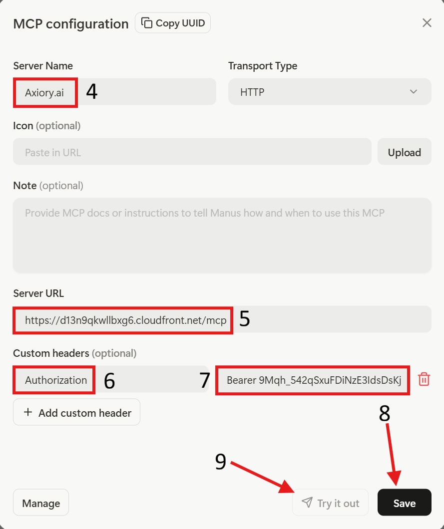 Manus MCP configuration form showing Server Name, Server URL, and Authorization custom header filled with a Bearer token