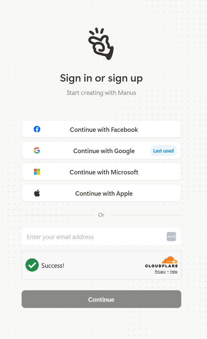 Facebook、Google、Microsoft、Apple、メールでの継続オプションを表示する Manus のサインインページ