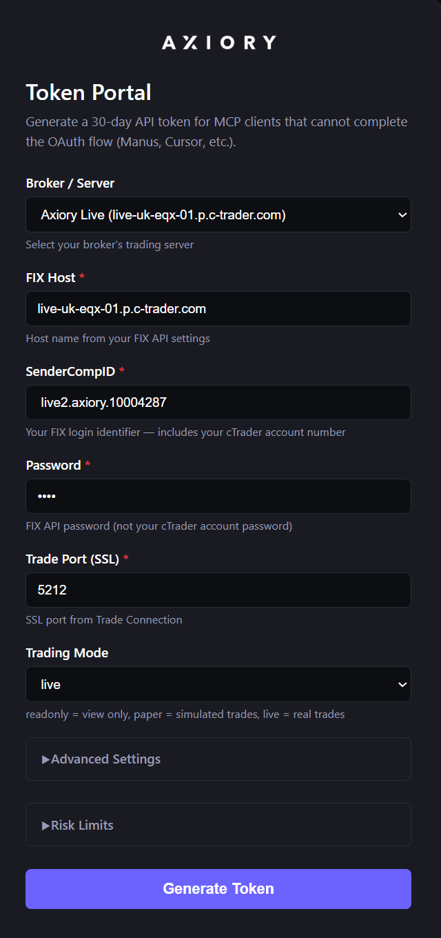 FIX Host、SenderCompID、パスワード、トレードポート、取引モードのフィールドを表示する Axiory Token Portal フォーム