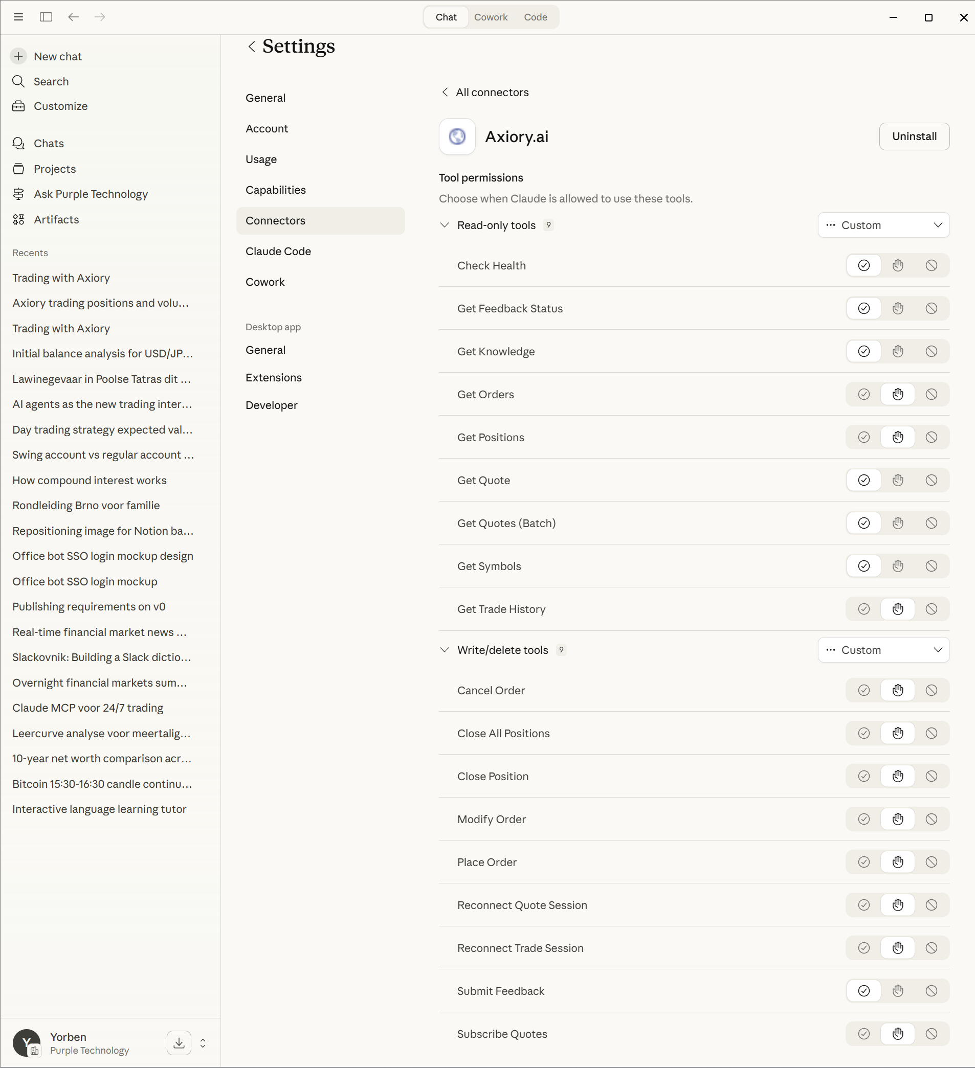 Claude Settings showing Axiory.ai connector with read-only and write/delete tool permissions listed